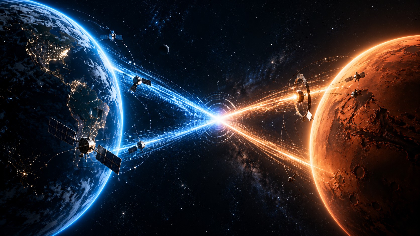 Earth and Mars connected by bright streams of energy and satellites in deep space.