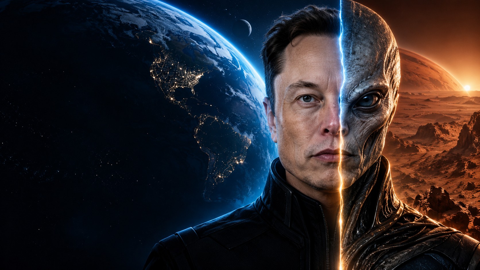 A split portrait of Elon and an alien form between Earth and Mars.