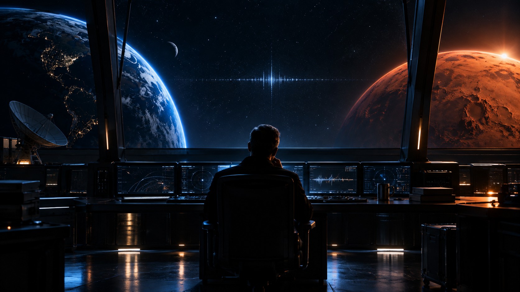 A lone operator watching Earth and Mars from a futuristic command room.