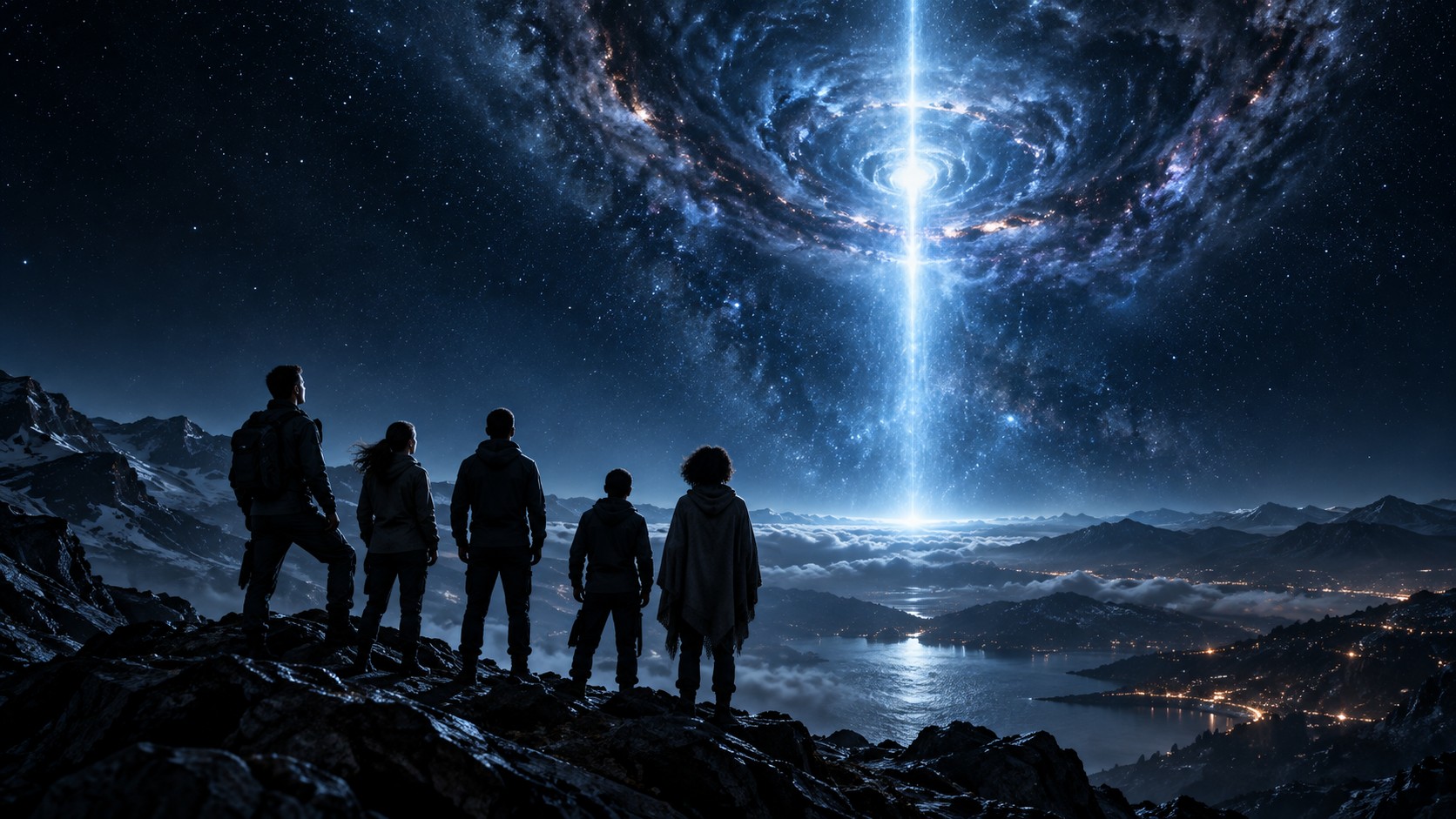 Five people on a ridge watching a luminous cosmic event over mountains and water.